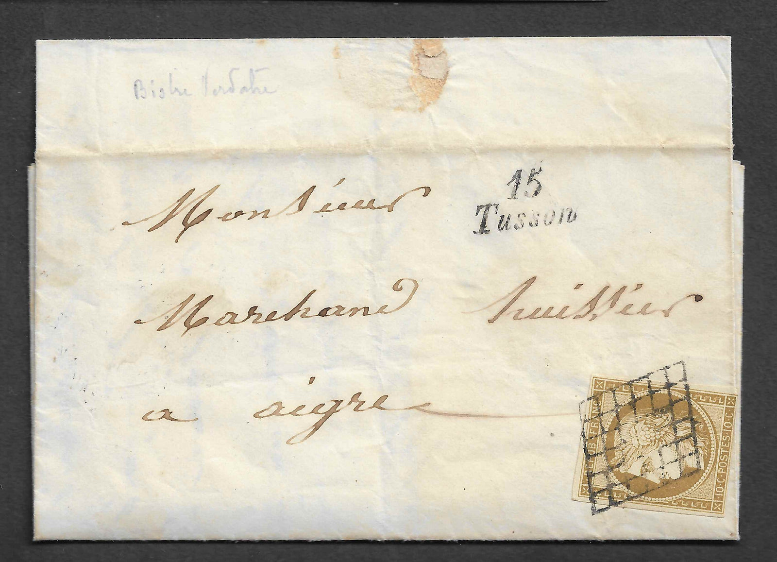N° 1b - Cérès - 10 c. bistre-verdâtre - oblitéré sur lettre - TB - avec certificat Calves
