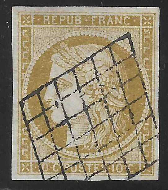 N° 1b - Cérès - 10 c. bistre-verdâtre - oblitéré - TB - signé Calves et Brun et avec certificat Calves