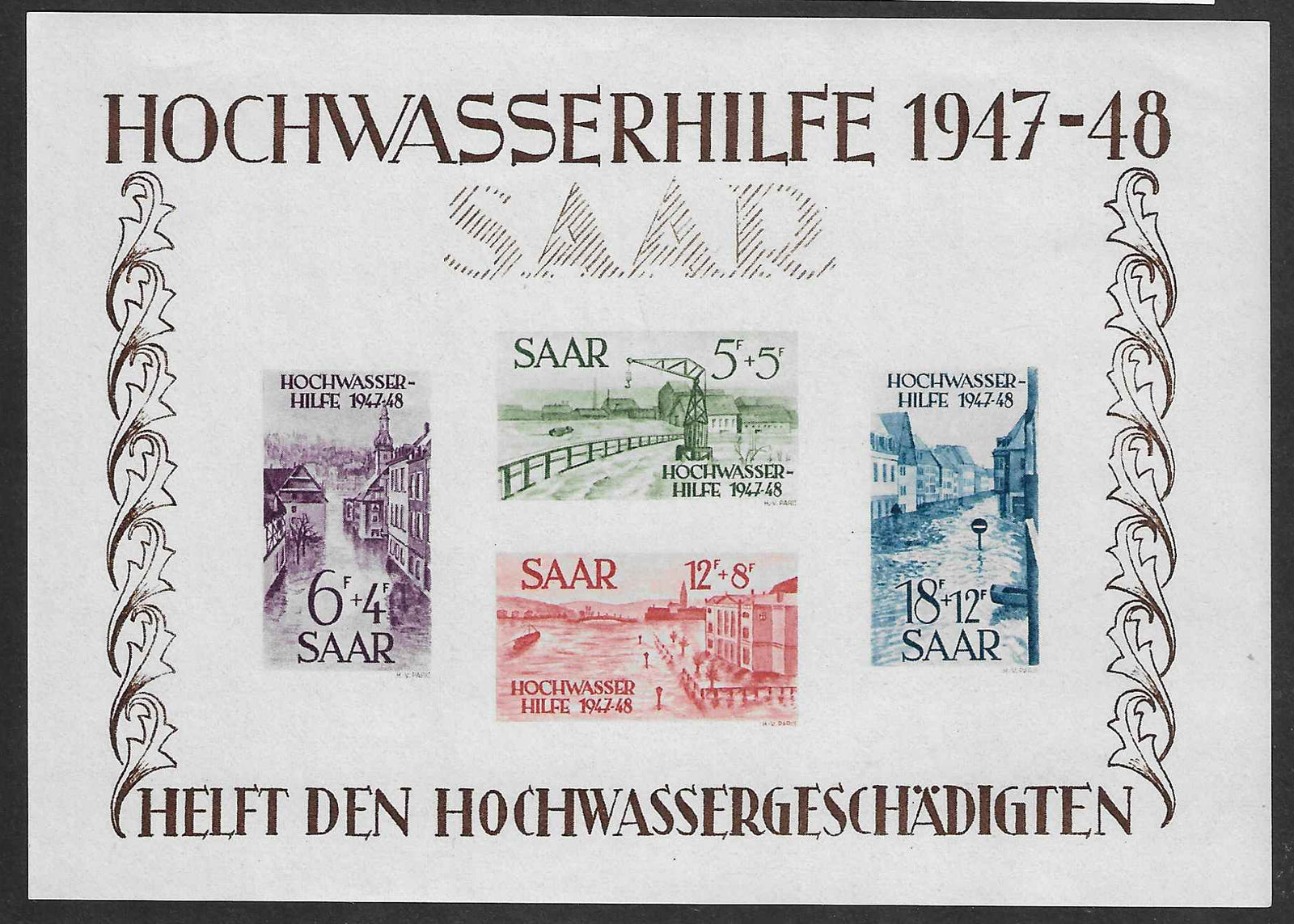 Sarre - bloc n°1 - inondation de 1947 - neuf** - SUP - avec certificat Calves