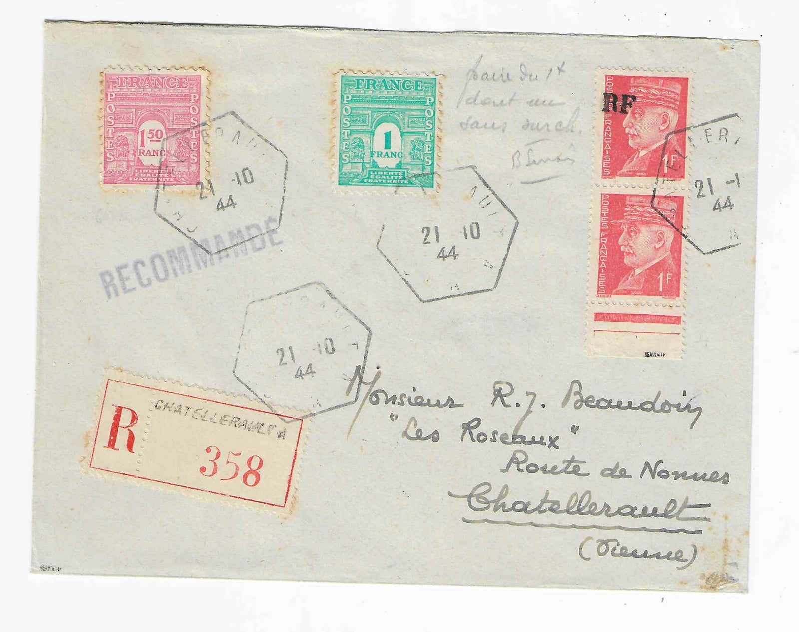 Libération de Chatellerault - n° 4 - tenant à non surchargé - oblitérés sur lettre - TB - signée Calves