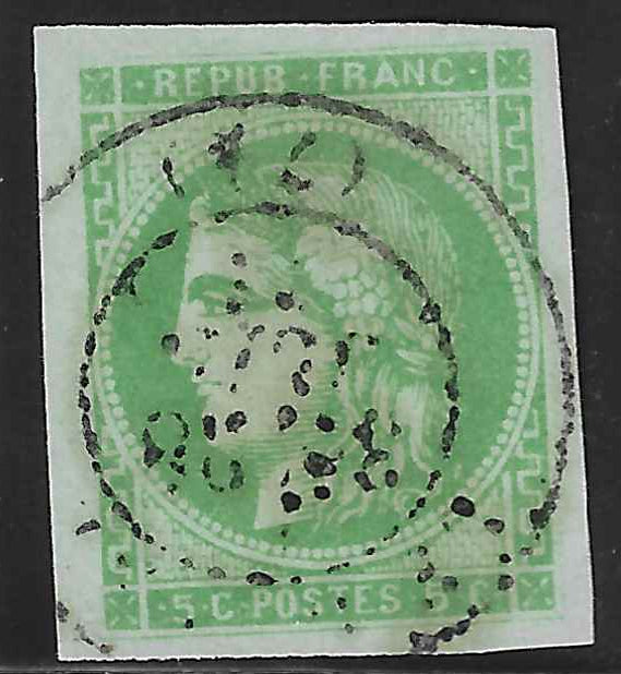 N°42B - Emission de Bordeaux - 5 c. vert-jaune report 2 - oblitéré cachet à date - TB - signé Calves