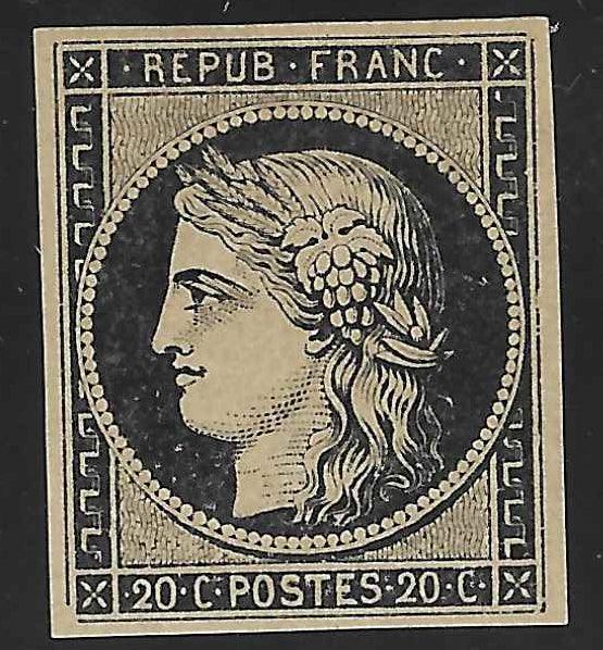 N° 3 - Cérès - 20 c. noir sur jaune - neuf* - SUP - signé et avec certificat Calves