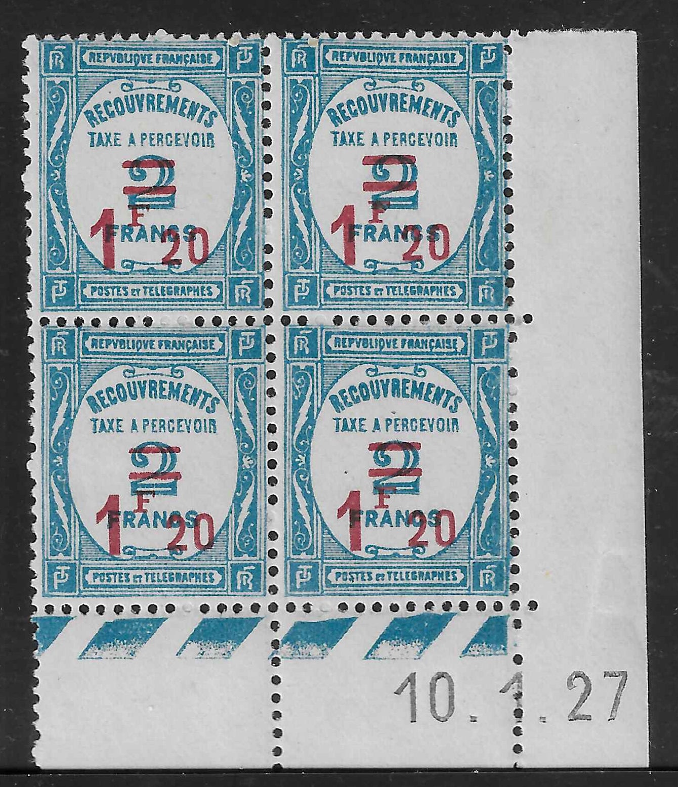 Taxe n°64 - neuf** - bloc de 4 exemplaires coin daté - SUP - signé et avec certificat Calves