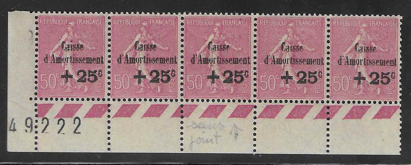 N°YT 254a - sans point sur le i d'Amortissement - dans une bande de 5 exemplaires - neufs** - SUP - signé Calves