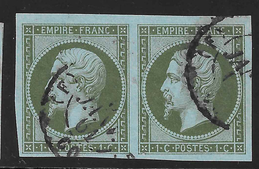 N°11 - Empire - 1 c. olive - paire horizontale - oblitérée - SUP - signée Calves
