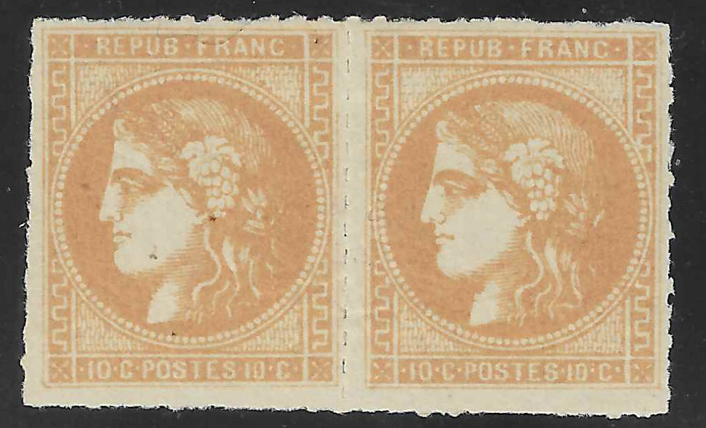 N°43B - 10 c. bistre-jaune report 2 - paire horizontale - percée en ligne - neuve* - TB - signé et avec certificat papier Calves