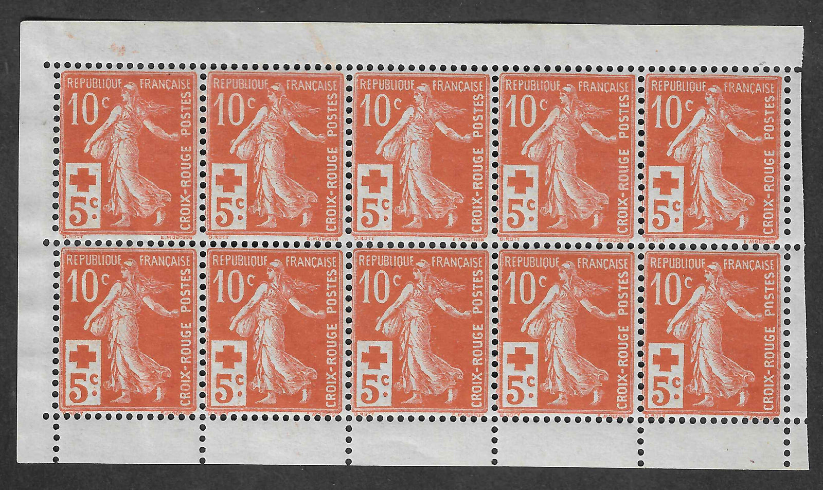 N°YT 147b - Croix-Rouge - paires verticales de carnet - bloc de 5 exemplaires - neufs** - SUP - signés et avec certificat Calves