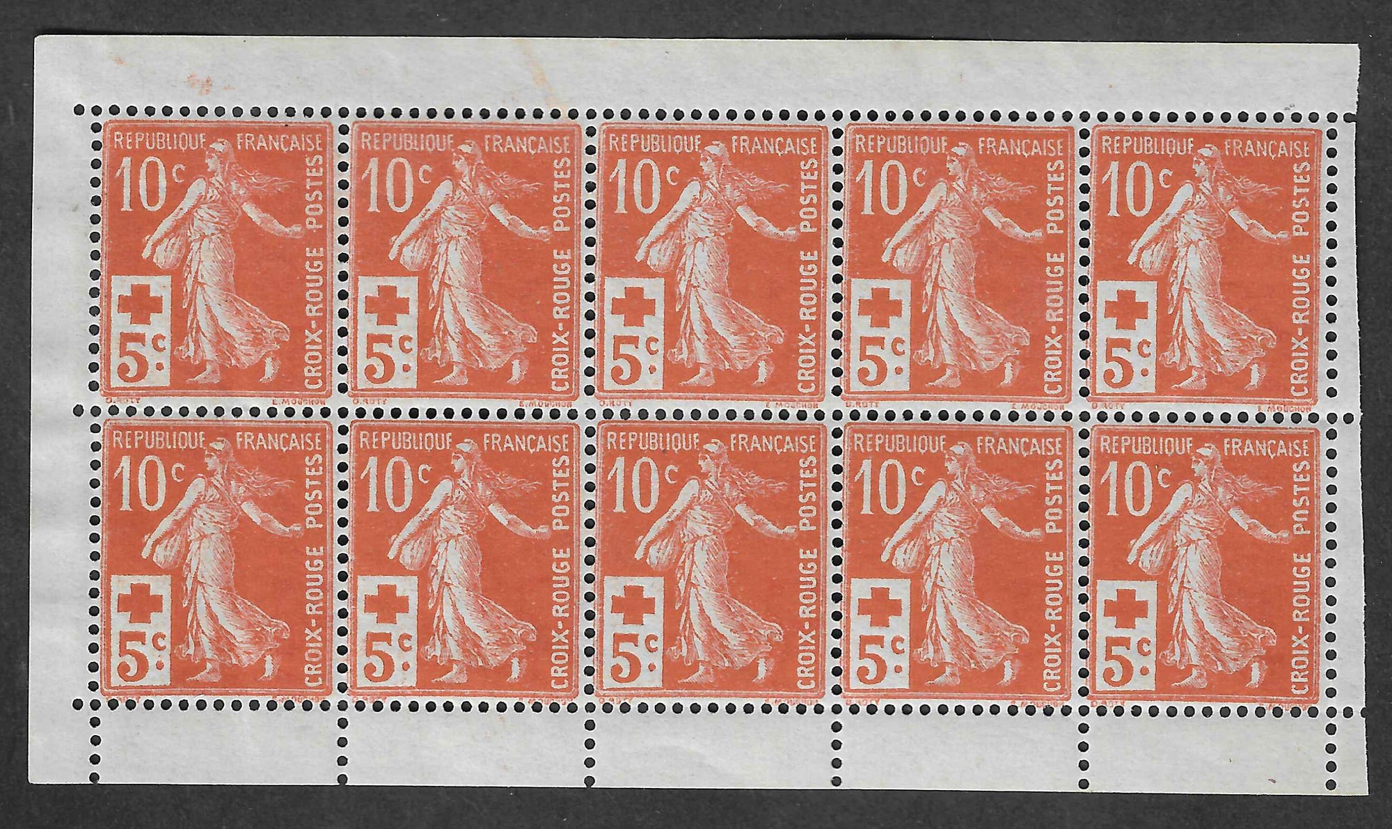 N°YT 147b - Croix-Rouge - paires verticales de carnet - bloc de 5 exemplaires - neufs** - SUP - signés et avec certificat Calves