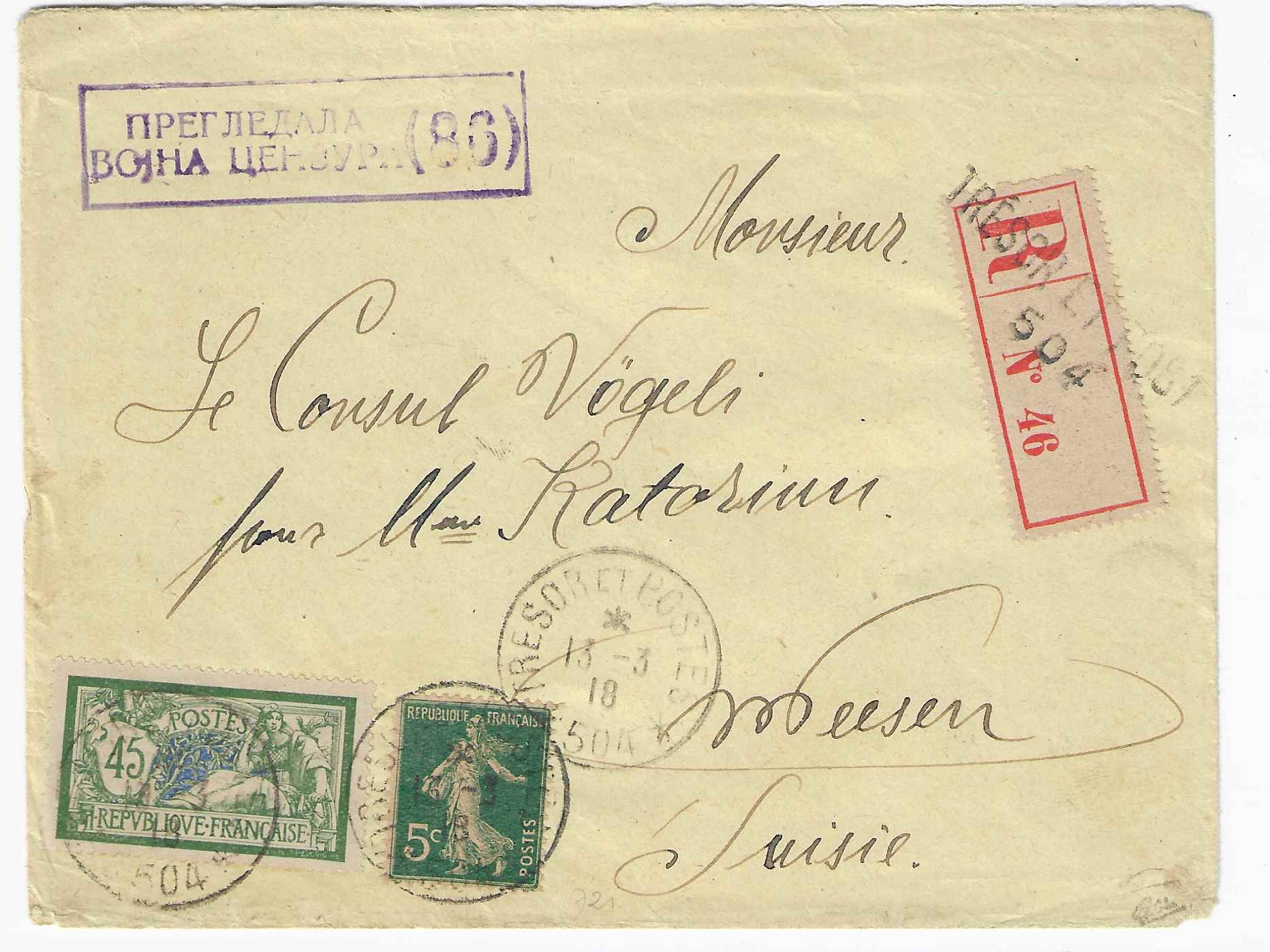 Postes serbes n° 1 et 9 - Semeuse et Merson - oblitérés sur lettre recommandée - TB - signée Calves