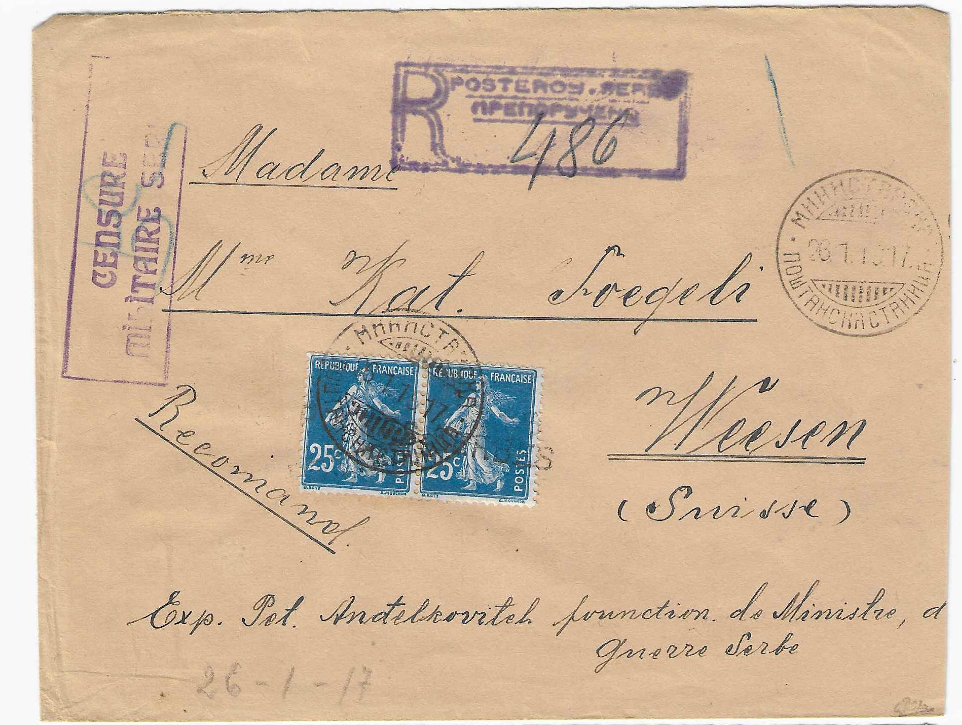 Postes serbes n° 5 - Semeuse - oblitérés sur lettre recommandée - TB - signée Calves