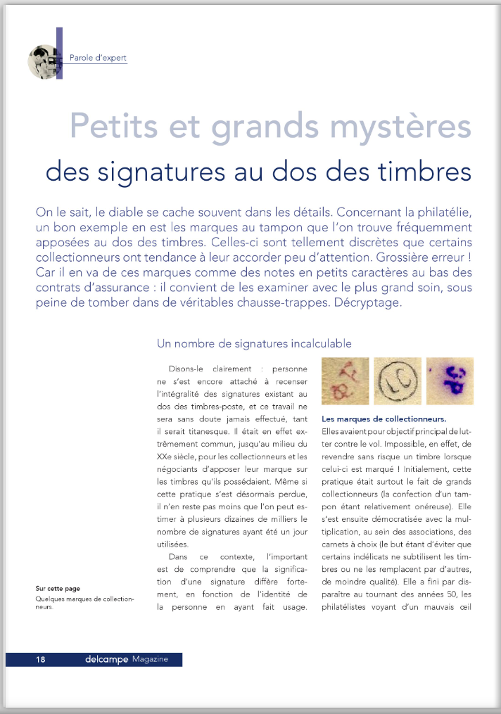 signatures au dos des timbres Delcampe Magazine