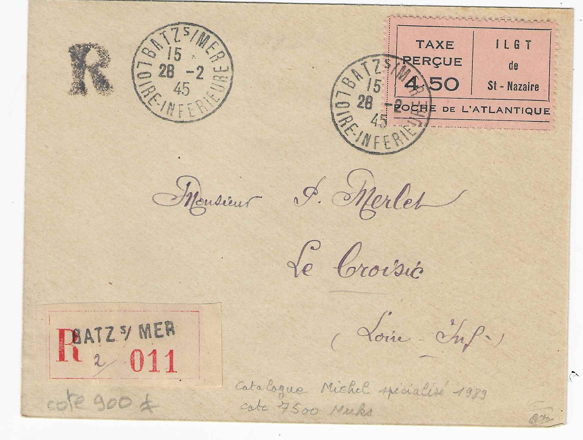 Poche de Saint-Nazaire - n°5a - variété ILGT - sur enveloppe - signée et avec certificat Calves