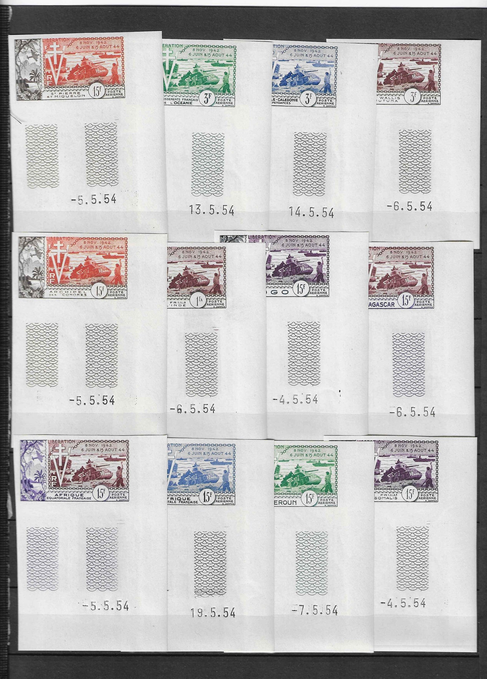 Grandes séries coloniales - anniversaire de la Libération - les 12 valeurs non dentelées - neufs** - SUP - certificat Calves - Calves