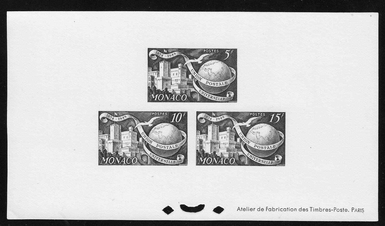 Monaco - épreuve de luxe en noir - n°332, 332A, 333 - U.P.U. - neuve - SUP - Calves