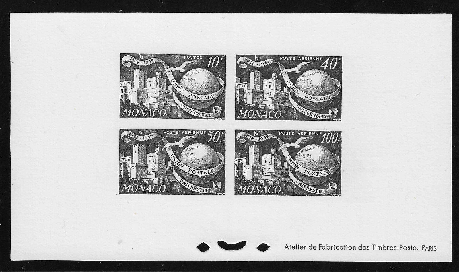 Monaco - épreuve de luxe en noir - poste aérienne n°46 à 48 et poste n°332A - U.P.U. - neuve - SUP - Calves