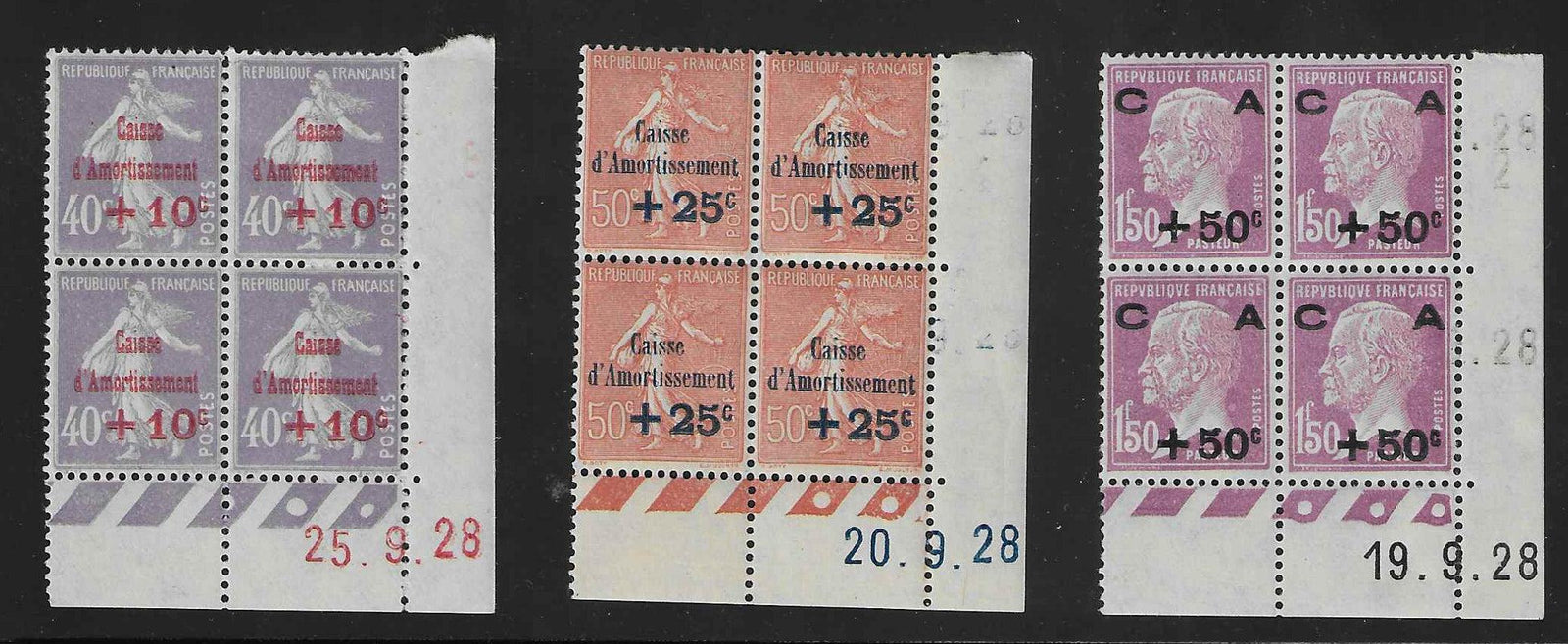 N°YT 249 à 251 - Caisse d'amortissement - blocs de 4 exemplaires coins datés - neufs** - SUP - signés et avec certificat Calves - Calves