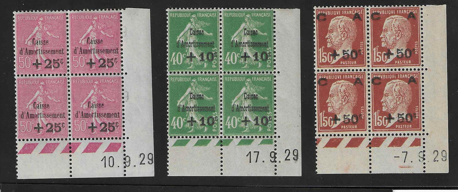 N°YT 253 à 255 - Caisse d'amortissement - blocs de 4 exemplaires coins datés - neufs** - SUP - signés et avec certificat Calves - Calves