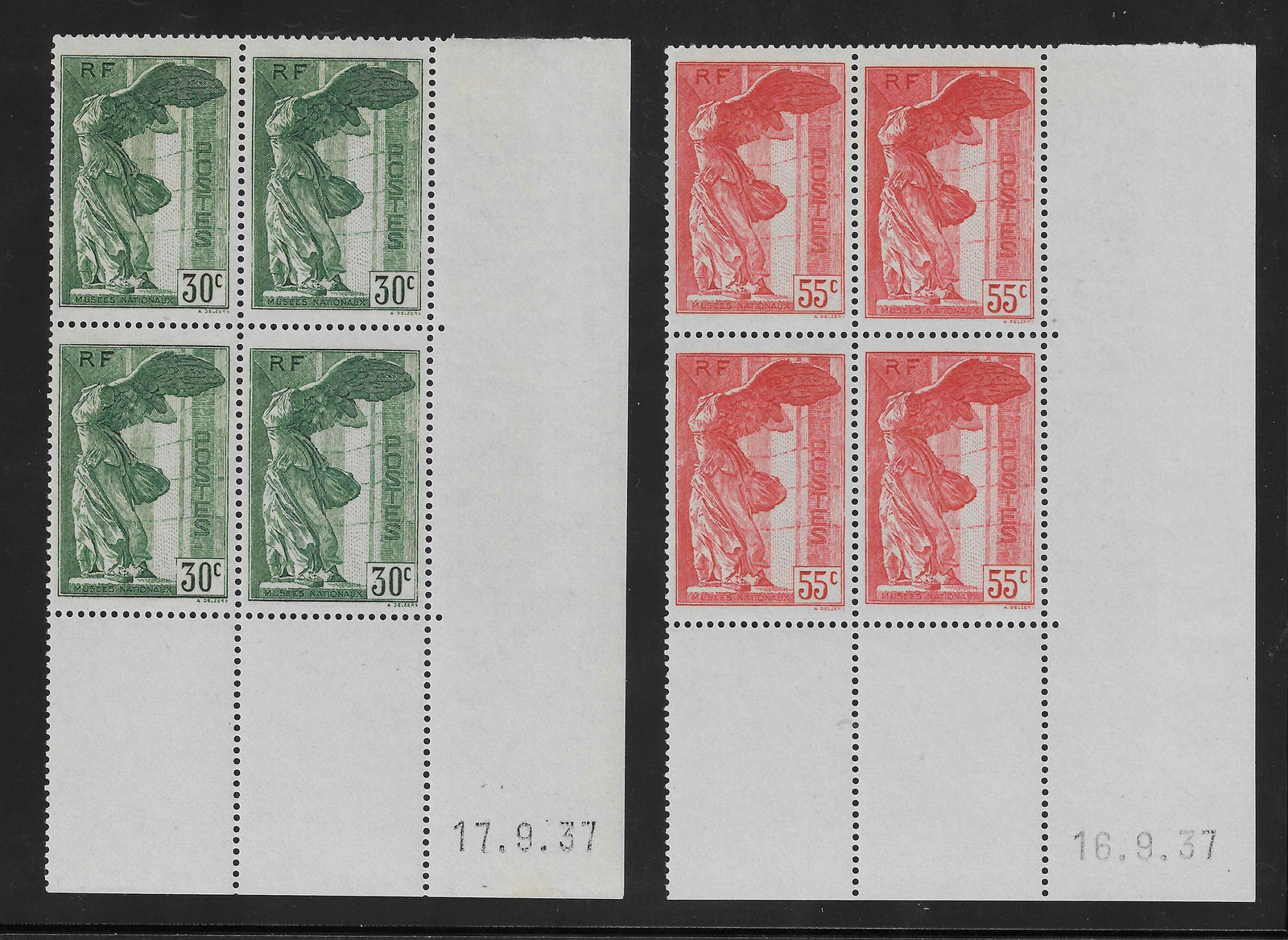 N°YT 354 et 355 - Victoire de Samothrace - blocs de 4 exemplaires coins datés - neufs** - SUP - signés et avec certificat papier Calves - Calves