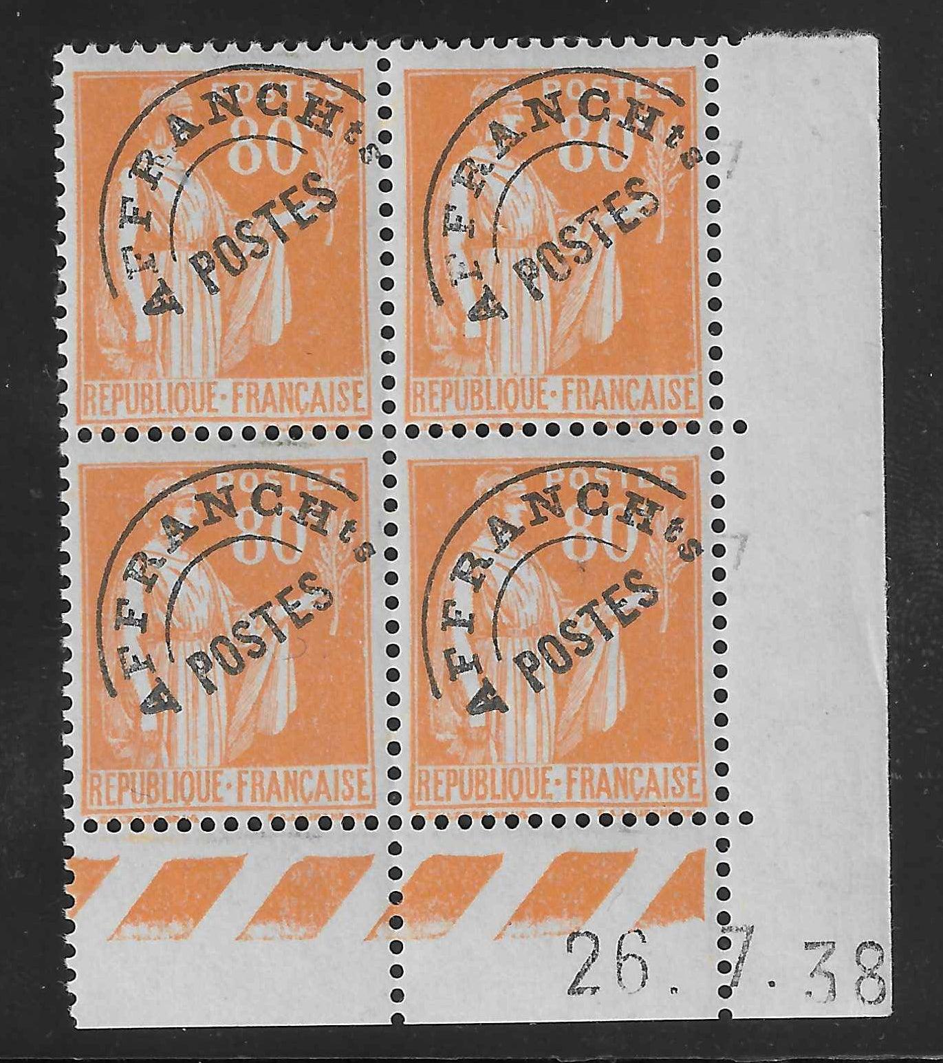 Préoblitéré n°75 - neuf** - bloc de 4 exemplaires coin daté - SUP - signé et avec certificat Calves - Calves