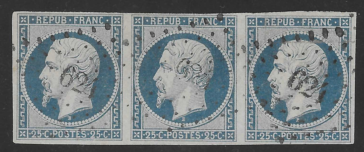 N°10 - Présidence - 25 c. bleu - bande de 3 exemplaires oblitérée - TB - signée Calves