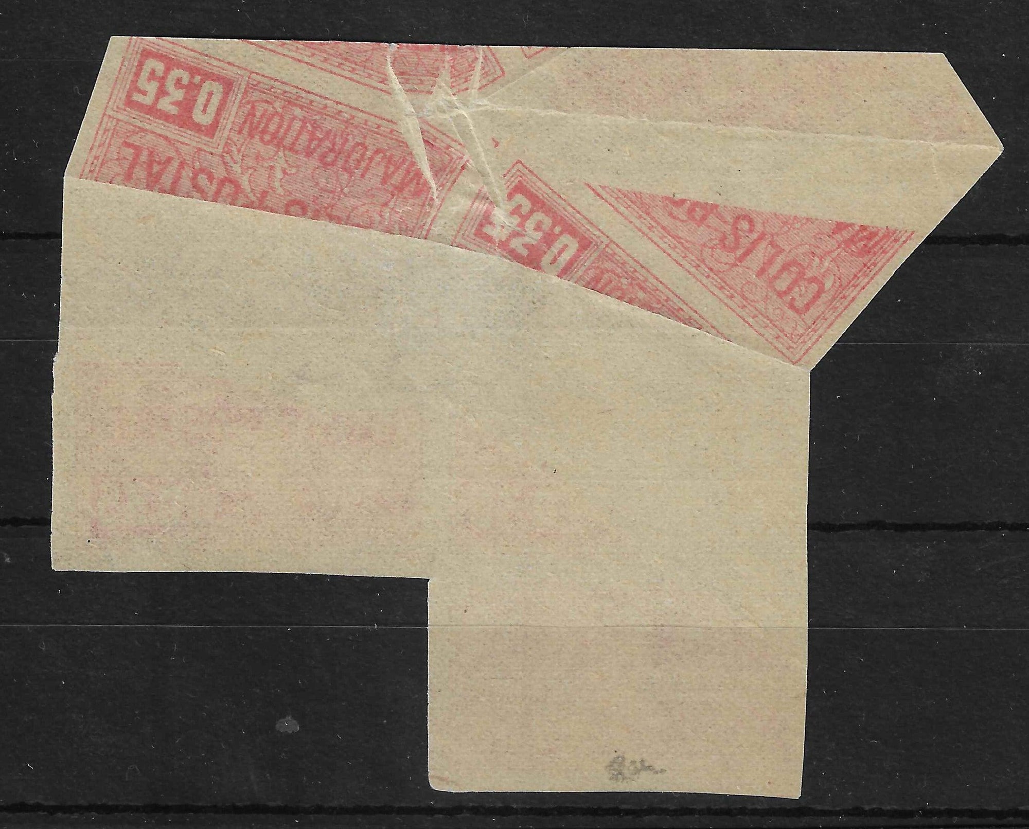 Colis postal n°20a - 35 c. rouge - impression incomplète par pliage - bloc de 3 exemplaires - neufs** - SUP - signé et avec certificat Calves - Calves
