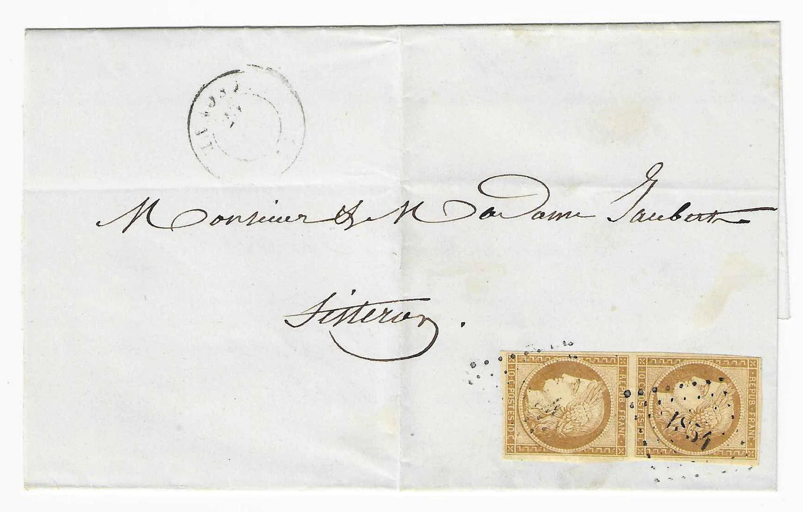 N° 1 - Cérès - 10 c. bistre-jaune en paire - sur lettre - SUP - signée et avec certificat papier Calves - Timbres-experts.com 