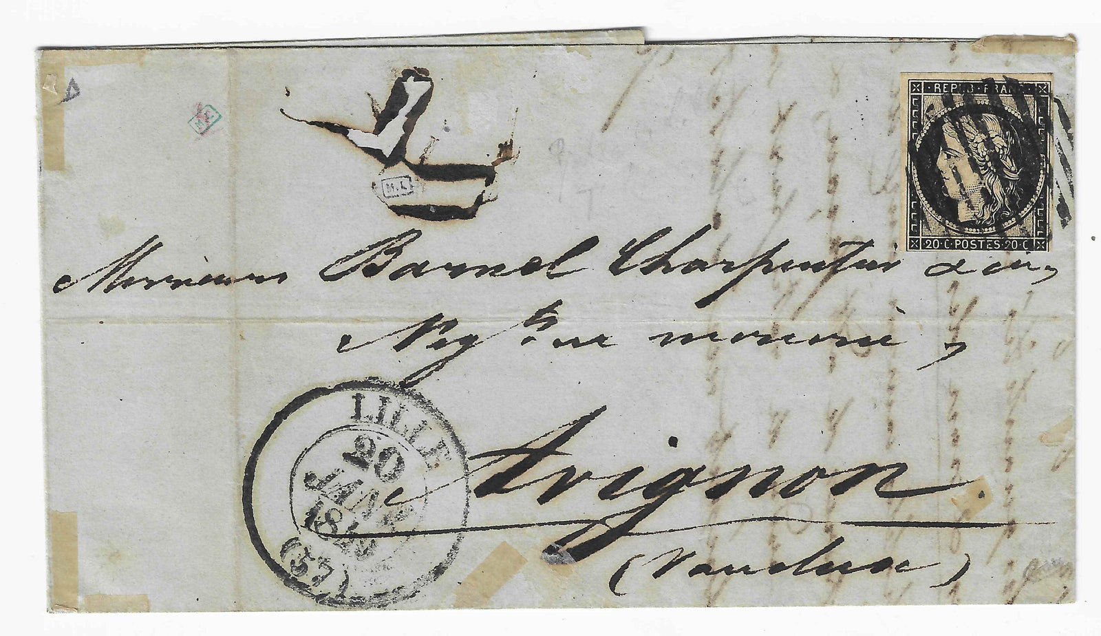 N° 3 - Cérès - 20 c. noir sur jaune - oblitéré 10 barres en cercle de Lille sur lettre - rare - signée et avec certificat papier Calves - Timbres-experts.com 