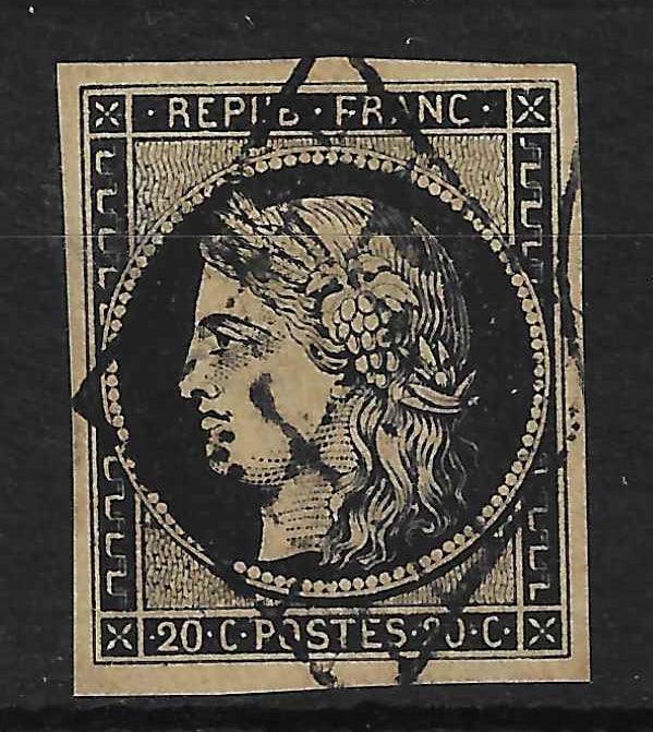 N° 3b - Cérès - 20 c. noir sur chamois - oblitéré - SUP - signé Calves - Calves