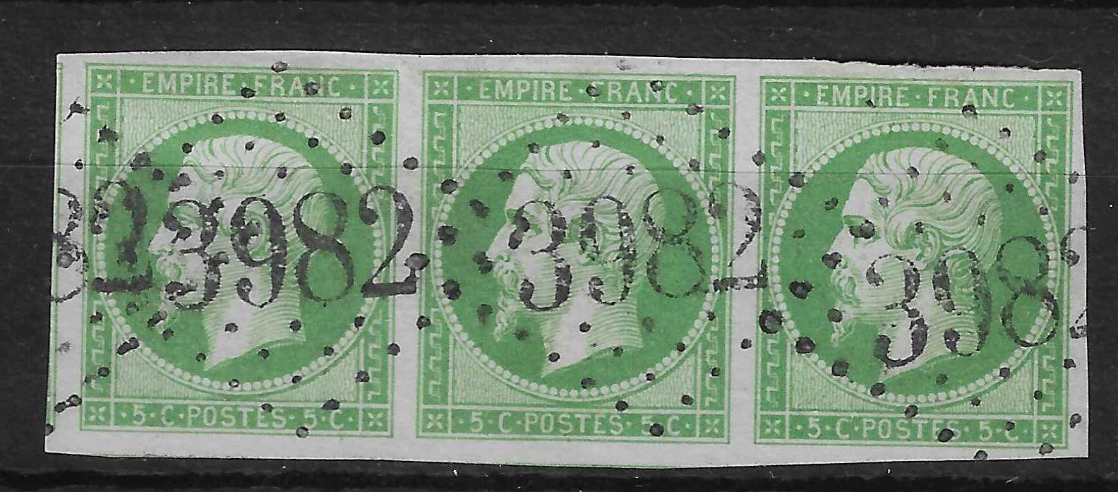 N°12a - Empire - 5 c. vert-jaune - bande horizontale de 3 exemplaires - oblitérée - SUP - signé et avec certificat Calves - Calves